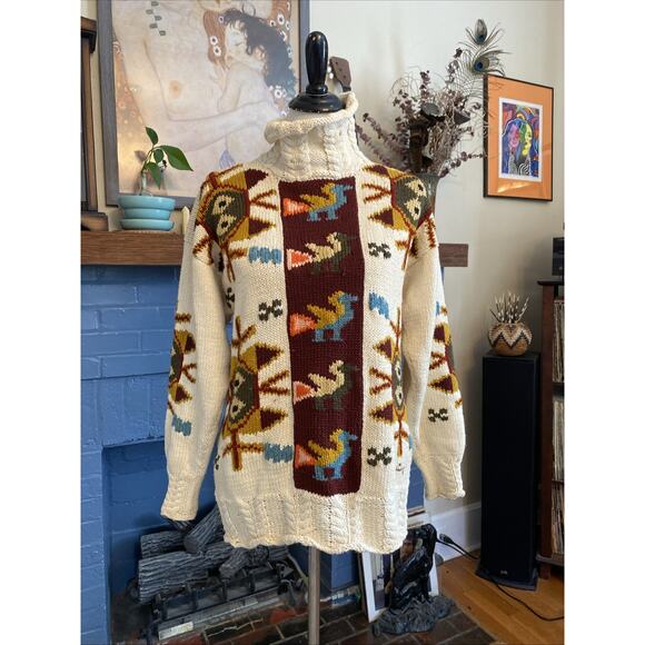 Vtg Raquel M Handknit Peruvian Sweater 100% Cotton 90s Aztec Cable RL Country - Picture 1 of 14